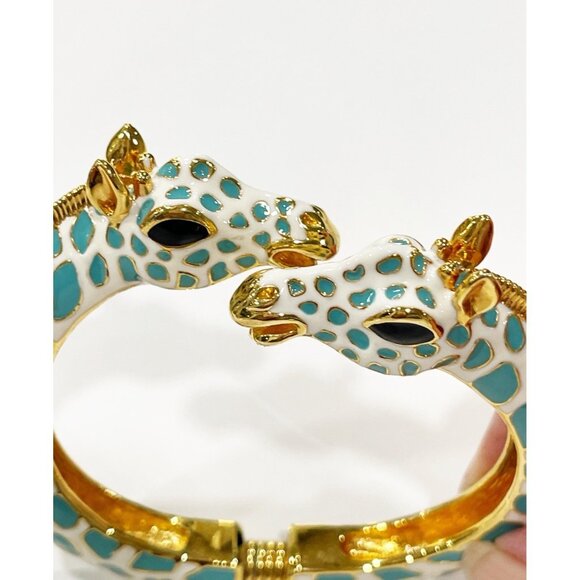 VTG KJL Kenneth Jay Lane Giraffe Blue Enamel Gold Tone Hinged Bracelet Bangle - Picture 2 of 7